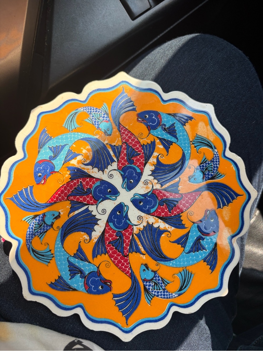 Artemis Design Co. Orange Ceramic Plate with Blue & Red Koi Motif